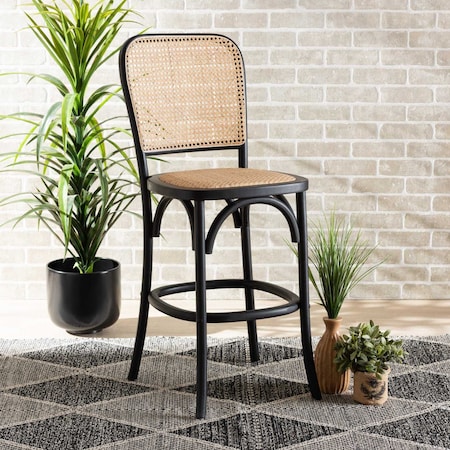 Baxton Studio Vance Mid-Century Brown Woven Rattan and Black Wood Cane Counter Stool 195-12839-ZORO